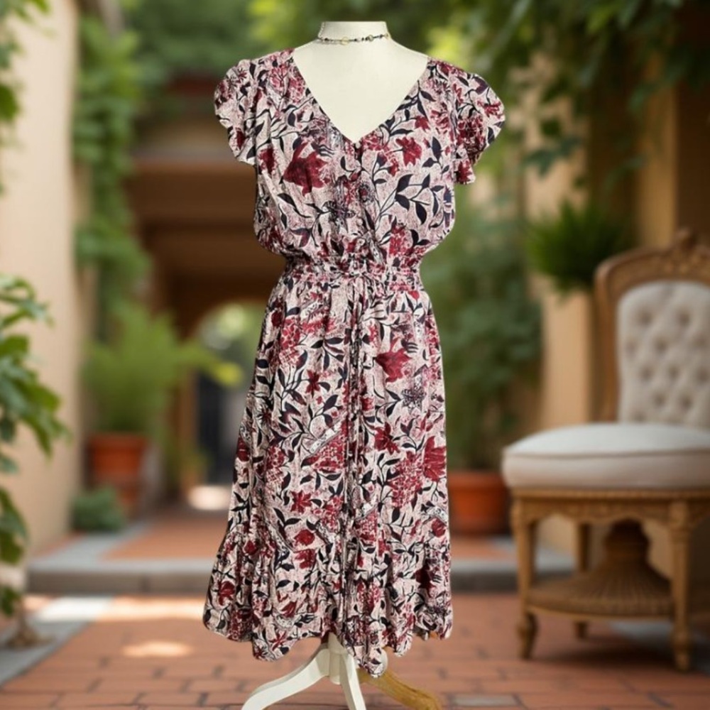Lucky Brand Floral Dress high low short sleeves button down with half slip Large - Picture 4 of 12